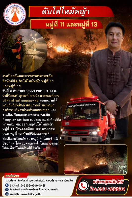 งานป้องกันและบรรเทาสาธารณภัย สำนักปลัด ดับไฟไหม้หญ้า หมู่ที่ 11 และหมู่ที่ 13